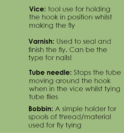  Vice: tool use for holding the hook in position whilst making the fly Varnish: Used to seal and finish the fly. Can ...