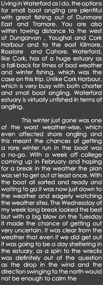 Living in Waterford as I do, the options for small boat angling are plentiful with great fishing out of Dunmore East ...
