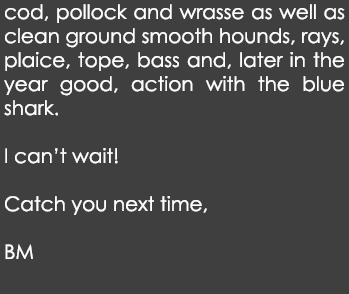 cod, pollock and wrasse as well as clean ground smooth hounds, rays, plaice, tope, bass and, later in the year good, ...