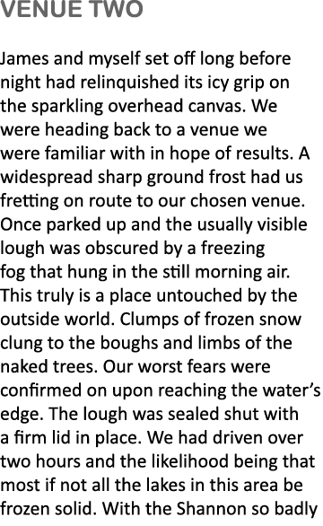 Venue two  James and myself set off long before night had relinquished its icy grip on the sparkling overhead canvas....