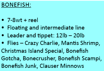 Bonefish: • 7-8wt + reel • Floating and intermediate line • Leader and tippet: 12lb – 20lb • Flies – Crazy Charlie, M...