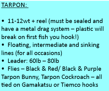 Tarpon:         • 11-12wt + reel (must be sealed and have a metal drag system – plastic will break on first fish you ...