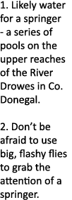 1. Likely water for a springer - a series of pools on the upper reaches of the River Drowes in Co. Donegal. 2. Don’t ...