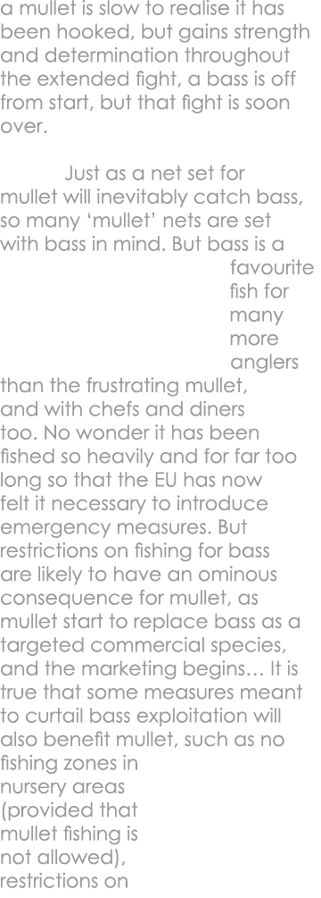 a mullet is slow to realise it has been hooked, but gains strength and determination throughout the extended fight, a...