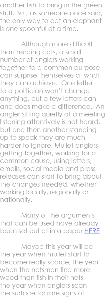 another fish to bring in the green stuff. But, as someone once said, the only way to eat an elephant is one spoonful ...