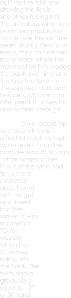 out into the lake and drawing the fish in. Shorelines facing into the prevailing wind have been very productive for m...