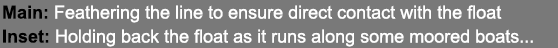 Main: Feathering the line to ensure direct contact with the float Inset: Holding back the float as it runs along some...