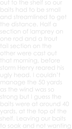 out to the shelf so our baits had to be small and streamlined to get the distance. Half a section of lamprey on one r...