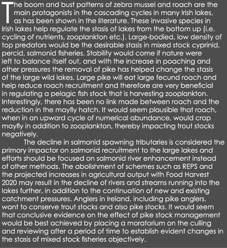The boom and bust patterns of zebra mussel and roach are the main protagonists in the cascading cycles in many Irish ...